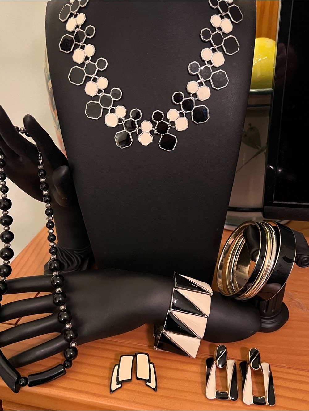 Black and Cream Geometric Statement Jewelry Set - Modern Hexagon Design